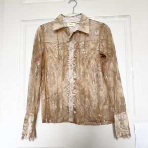 Anthropologie Maeve Lace Sheer Long Sleeve Button Down Blouse Gold